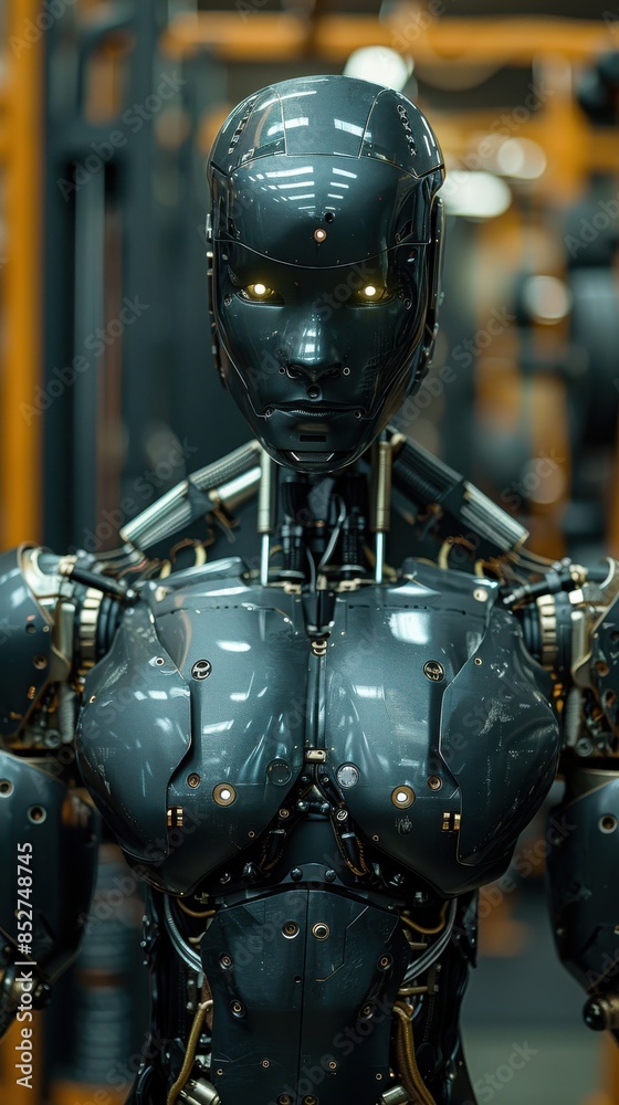 Aufkleber a robot with a face and a body made of metal. the robot is standing in a room with a yellow wall