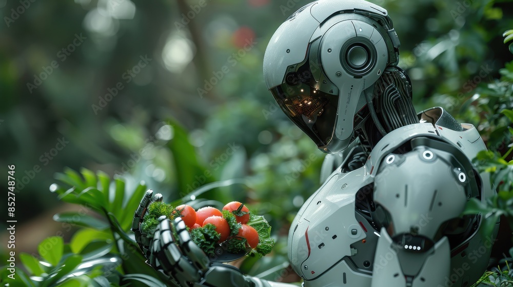 Leinwandbilder a robot is holding a carrot in its hand. the robot is wearing a white suit and has a green plant on 