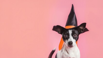 A cheerful dog with a Halloween hat on a pink background.