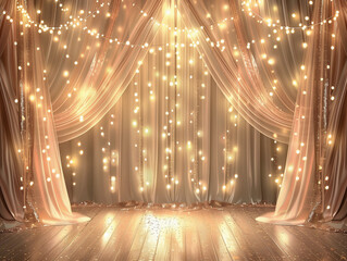 Beige gold stage theater fairy lights curtain elegant lace lux twinkling bokeh luxurious empty show draping sheer fabric backdrop background party photo booth twinkling royal stylish musical pretty