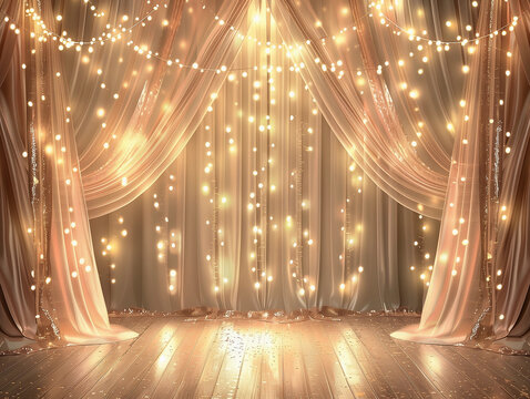 Beige gold stage theater fairy lights curtain elegant lace lux twinkling bokeh luxurious empty show draping sheer fabric backdrop background party photo booth twinkling royal stylish musical pretty