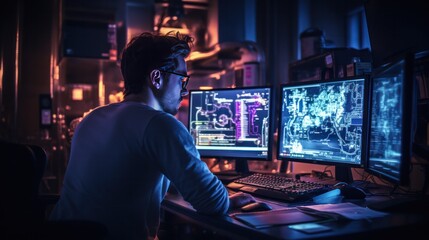 Fototapeta premium Photograph of a male engineer working late at night in his office, illuminated by the glow of his computer screen