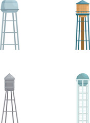 Collection of four isolated water tower icons in a flat design style