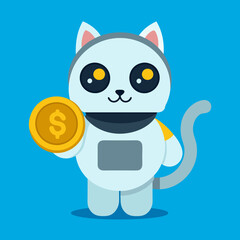Cute Cat Robot Holding Gold Coin Cartoon Vector Icon Illustration