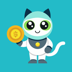 Cute Cat Robot Holding Gold Coin Cartoon Vector Icon Illustration