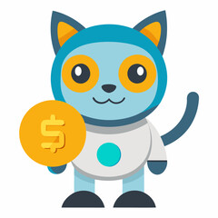 Cute Cat Robot Holding Gold Coin Cartoon Vector Icon Illustration