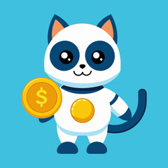Fototapeta premium Cute Cat Robot Holding Gold Coin Cartoon Vector Icon Illustration