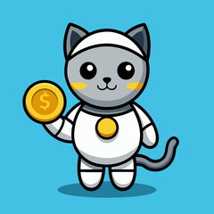 Cute Cat Robot Holding Gold Coin Cartoon Vector Icon Illustration