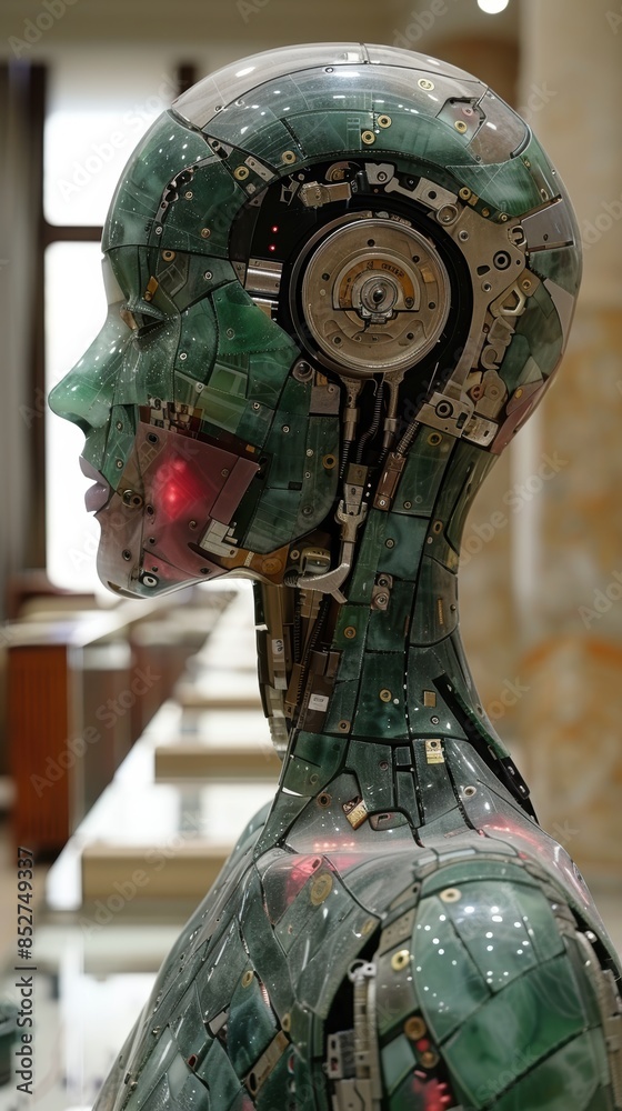 Leinwandbilder a green robot head with a red face. the robot head is made of metal and has a clock on it