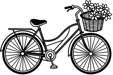 A bike in cartoon style with a basket of flowers in front vector silhouette