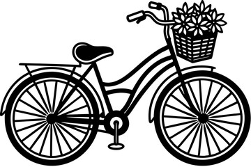 Obraz premium A bike in cartoon style with a basket of flowers in front vector silhouette