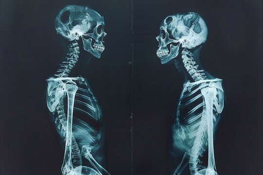 X-ray image in profile of two human skeletons on a dark background.