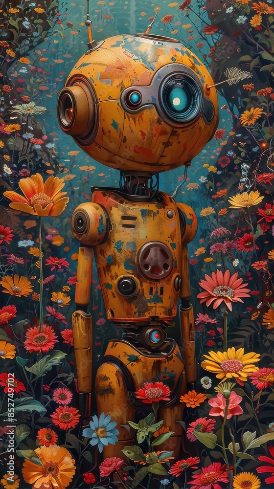 Poster A robot is standing in a field of flowers. The robot is yellow and has a face. The flowers are in various colors and are scattered throughout the field. Scene is whimsical and playful