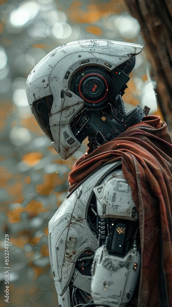 Leinwandbilder a robot with a white helmet and red and black ears stands in front of a tree