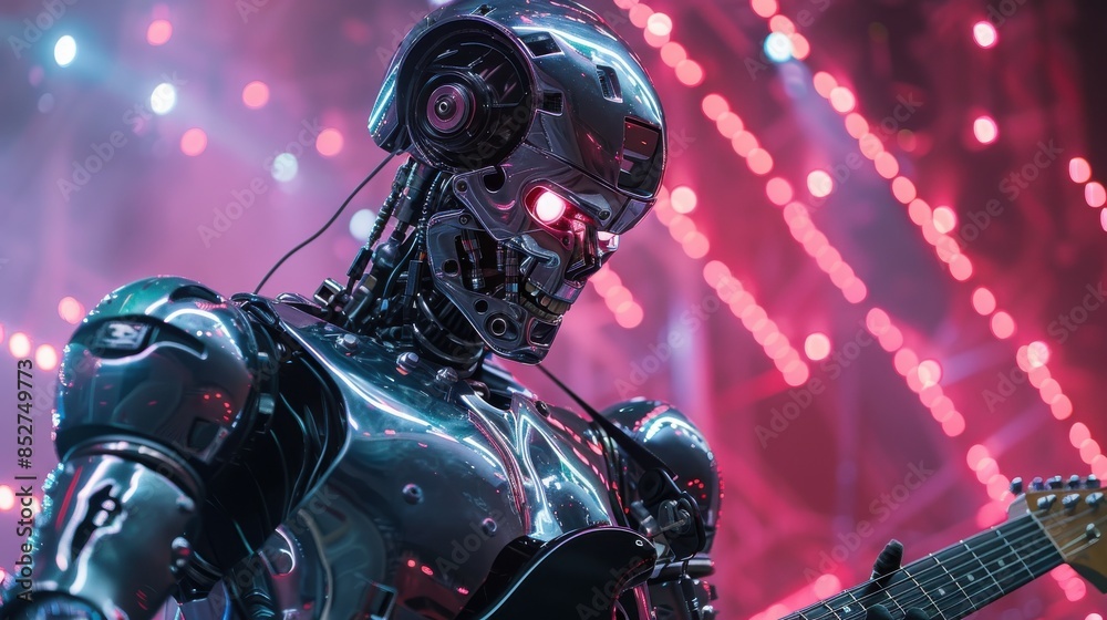 Leinwandbilder A robot is playing a guitar in a neon lighted room. The robot is wearing a black suit and has a skull on its head. The room is filled with bright lights and the robot is the center of attention