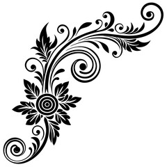 Hand drawn corner decorative floral black silhouette on white background