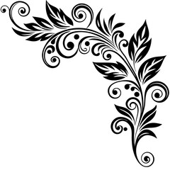 Hand drawn corner decorative floral black silhouette on white background