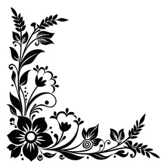 Hand drawn corner decorative floral black silhouette on white background