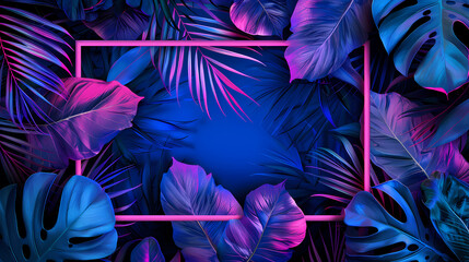 Tropical leaves and purple rectangular frame