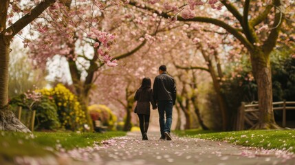 Obraz premium A couple walking hand in hand through a springtime cherry blossom garden, with delicate pink petals fluttering in the breeze. 