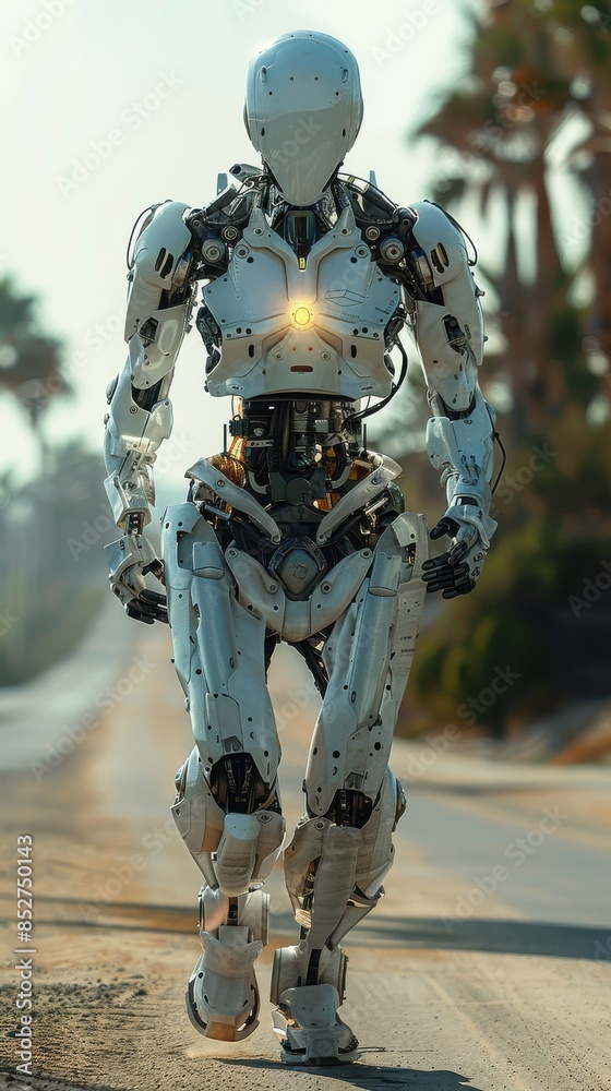 Poster A robot is walking down a road. The robot is white and has a yellow heart on its chest