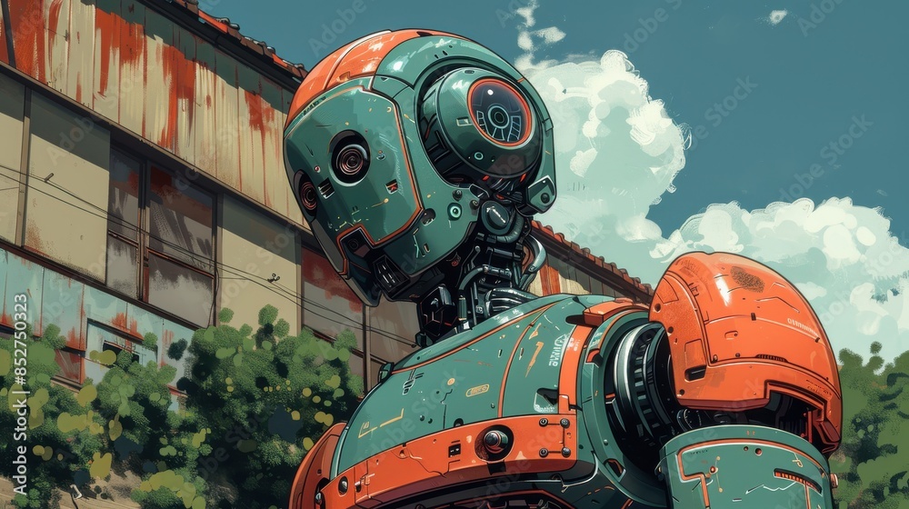 Poster A robot with a green and orange body stands in front of a building. The robot has a camera on its head and is looking to the right. Scene is futuristic and somewhat ominous