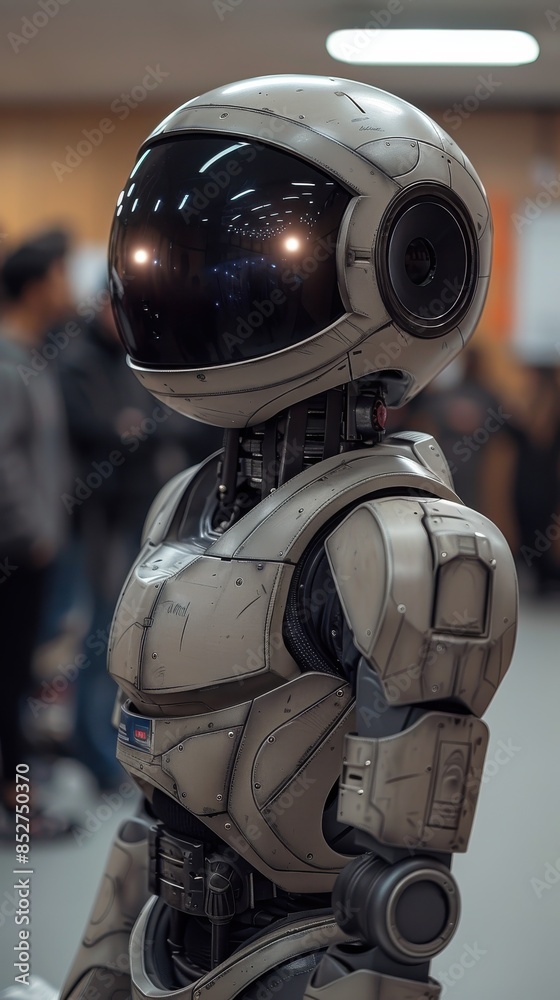 Poster A robot with a helmet on its head. The robot is standing in a room with people around it