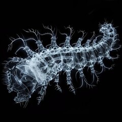 X-ray of a caterpillar, highlighting its developing body structure, Scientific, Dark tones, Digital...