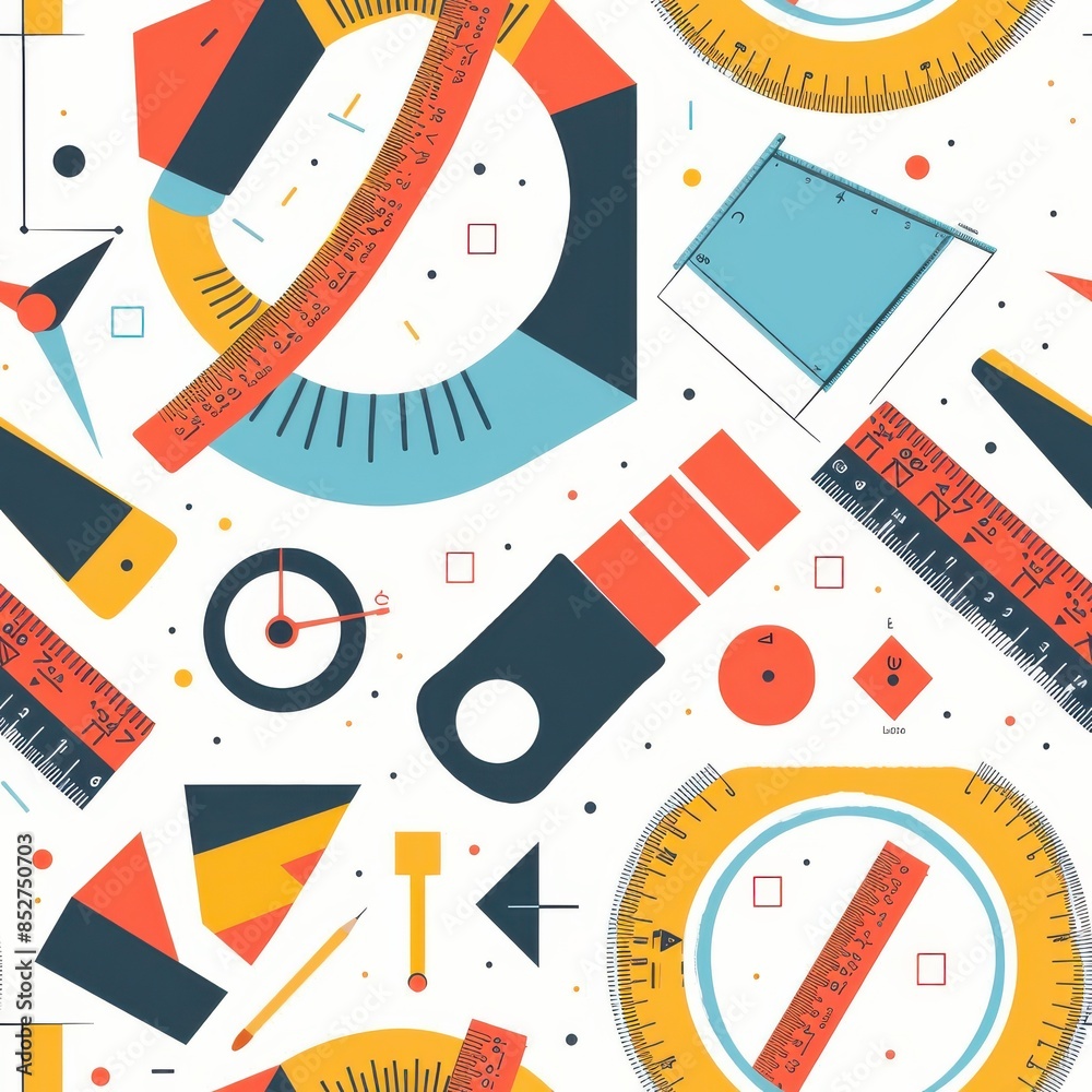 Poster A colorful pattern of rulers and other measuring tools. Concept of creativity and playfulness, as the various shapes and sizes of the rulers create a visually interesting and dynamic scene