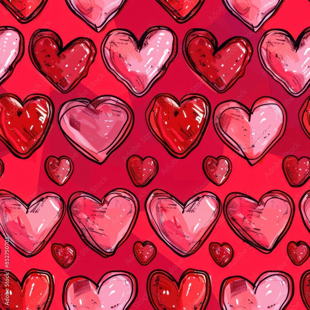 Poster A seamless pattern featuring red and pink hearts drawn in a watercolor style. The hearts are arranged in a repeating pattern against a red background.