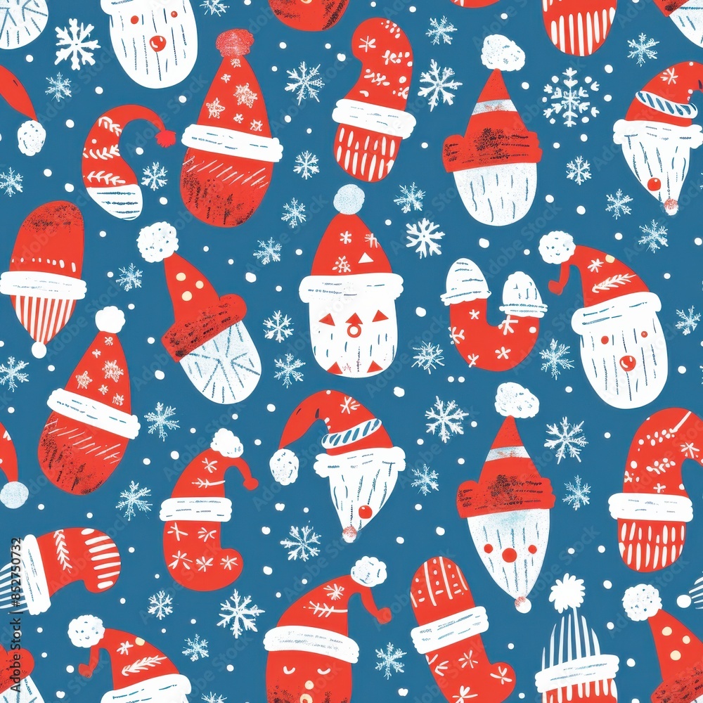 Poster a blue and red pattern of santa hats and snowflakes. the hats are drawn in a cartoon style and the s