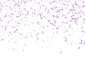 Purple confetti, falling paper ribbons isolated on white background. Birthday party decoration. Vector illustration.