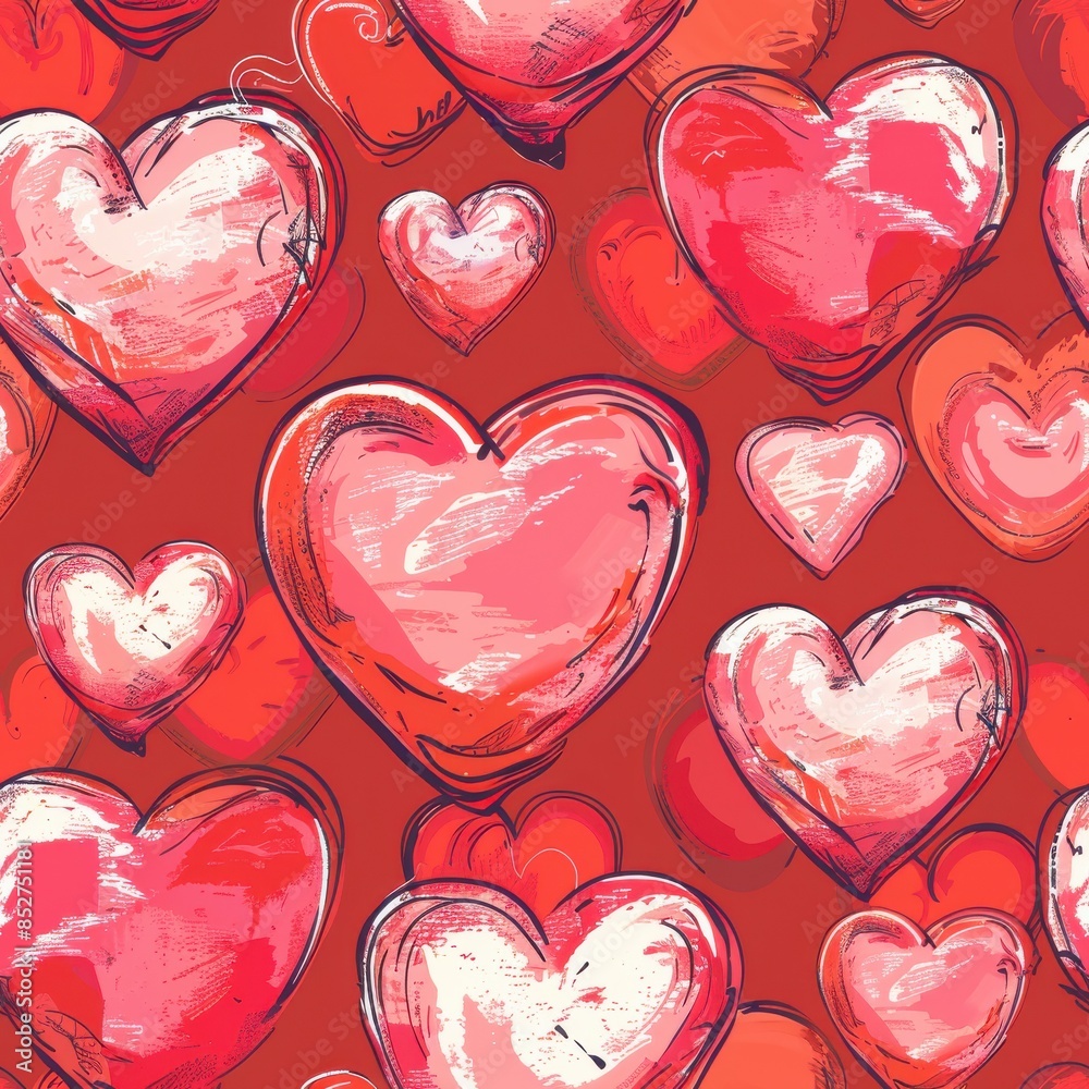 Poster This image is a digital painting of a pattern of pink and red hearts on a red background. The hearts are different sizes and are drawn in a brushstroke style. This image would be great for use as a wa