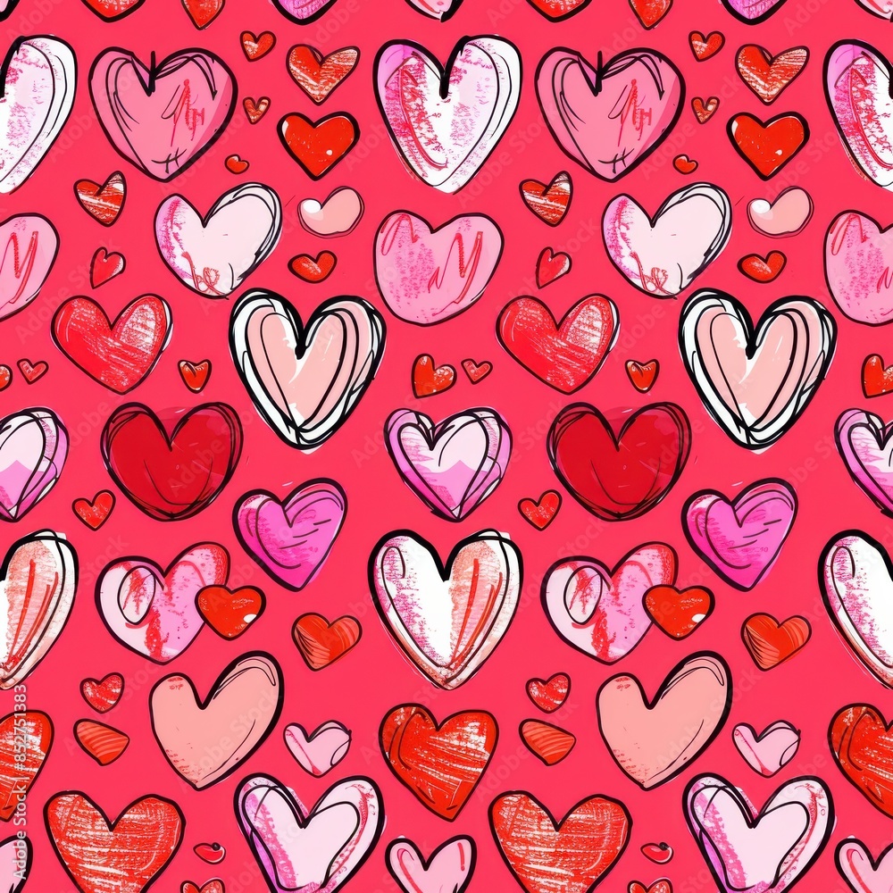 Poster this is a seamless pattern featuring hand drawn hearts in various shades of pink and red. the hearts