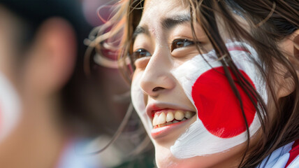 Fototapeta premium 日本の旗を頬に描いた女性のサポーター
