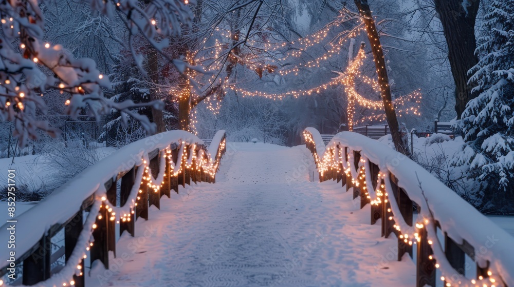 Poster a bridge covered in lights and snow. the bridge is in the middle of a snowy landscape