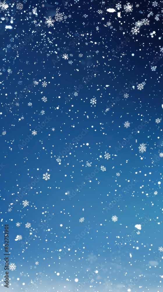 Poster A photo of a blue sky with a light snowfall. The snowflakes are falling from the top of the image and are visible in various sizes. The image is captured during the day, as the sky is blue with hints 