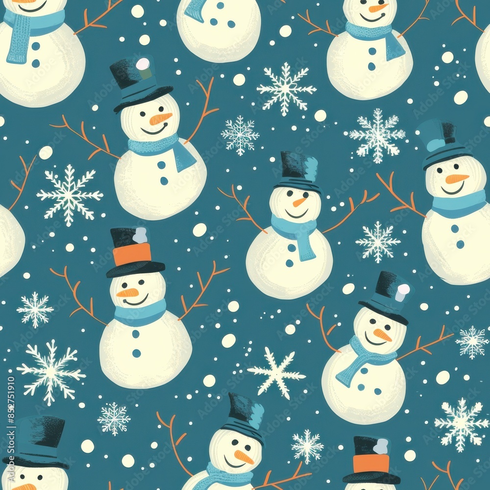 Aufkleber this digital image features a repeating pattern of cheerful snowmen on a teal background with snowfl