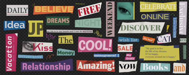 Collage elements kit. Cutout magazine text. Ransom letter for note. Retro scrapbook type. Modern ripped paper isolated on transparent background as a png