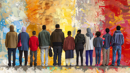 Naklejka premium Diverse audience admiring a vibrant abstract artwork at an art exhibition