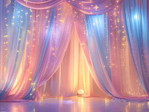 Pretty pastel pink blue stage theater fairy lights draping curtains hanging lace lux twinkling bokeh magic unicorn empty show sheer fabric backdrop background party photobooth twinkling  whimsical set