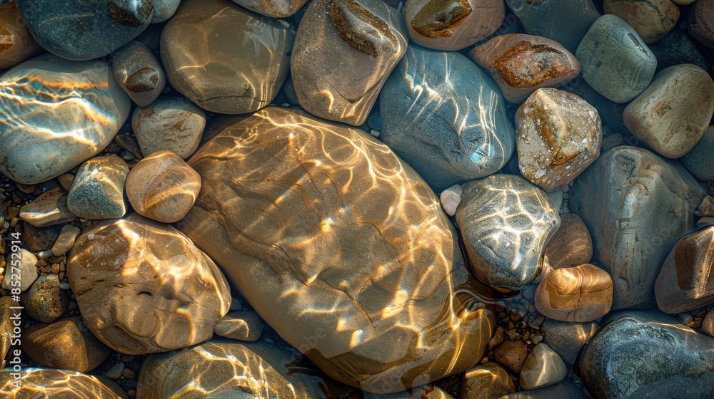 Poster A close-up image showcasing a collection of smooth, river rocks submerged in shallow water. The sunlight shines through the water, creating beautiful, abstract patterns and reflections on the rocks.