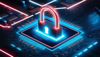 Cybersecurity Shield: A glowing padlock sits atop a circuit board, symbolizing digital protection and data security in a futuristic, high-tech setting.  