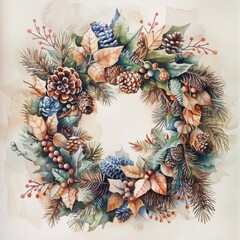 Fototapeta premium This image is a watercolor painting of a festive winter wreath made of pine branches, pine cones, holly berries, and other winter greenery. The wreath is arranged in a circular shape and has a rustic 