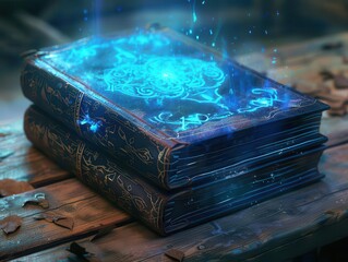 Ancient spellbook with glowing blue symbols on a rustic wooden table, emitting a mystical and magical aura.