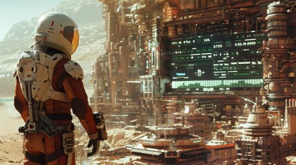 Martian colonist interacting with augmented reality financial indicators, merging personal finance with advanced economic analytics amidst a crisis