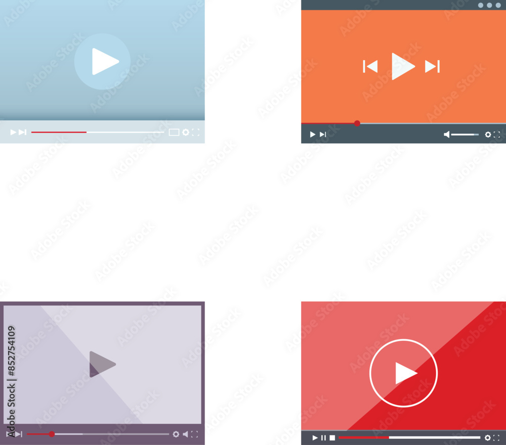 Poster four minimalistic video player templates with play buttons and progress bars, ideal for web design