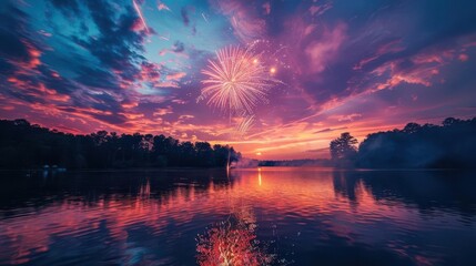 Stunning fireworks display over a serene lake with a colorful sunset and starry sky, captured in a magical and vibrant landscape.