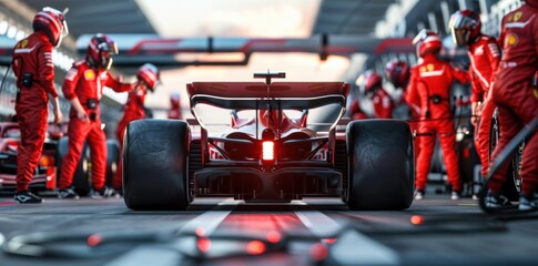Professional pit crew ready for action as their team's race car arrives in the pit lane during a pitstop of a car race, concept of Professional teamwork.