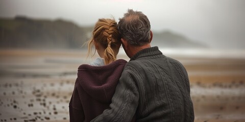 Father and Daughter Embracing on a Rainy Beach Day
